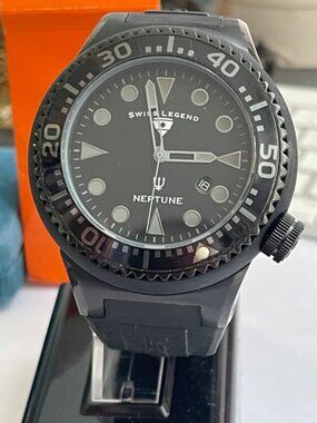 Swiss Legend Neptune Mens Watch 52mm Black Dial Silicone Diver New Battery
